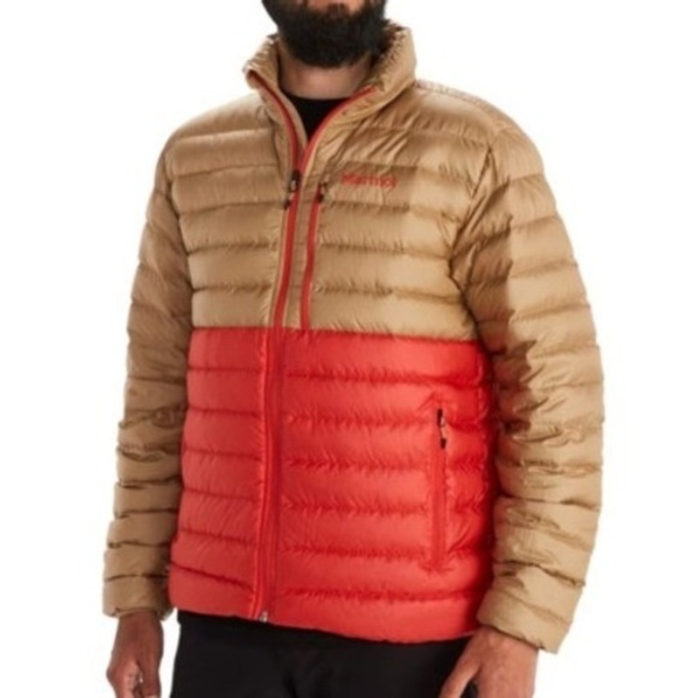 Marmot Highlander Mens Duck Down Jacket Coat Puffer 700 Fill Red Tan sz S RDS